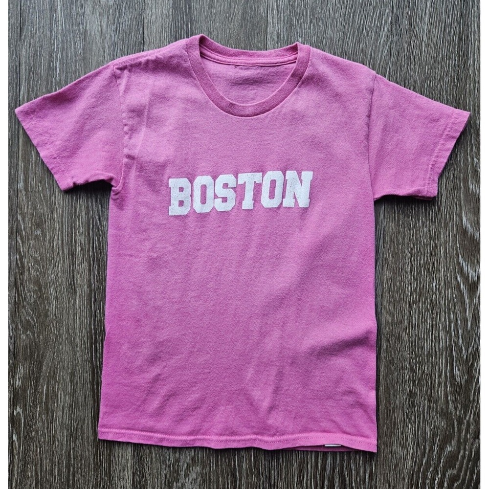 Boston T Shirt Graphic Print Pink Short Sleeve Casual Top Youth Small 7/8